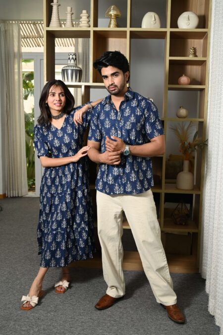 Couple Matching Navy-Blue Printed Cotton Anarkali Midi Dress & Shirt Set ? Summer Casual Wear